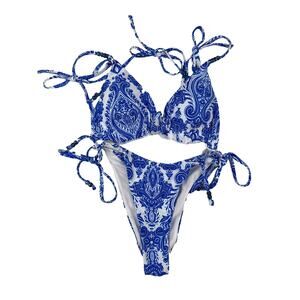 Unknown Brand - Triangle Halter Bikini Top & Tie Side Bottoms in Blue & White